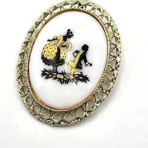 Vintage Brooch Marie Antoinette Pendant Gold White Black Dancers Brooch 2in